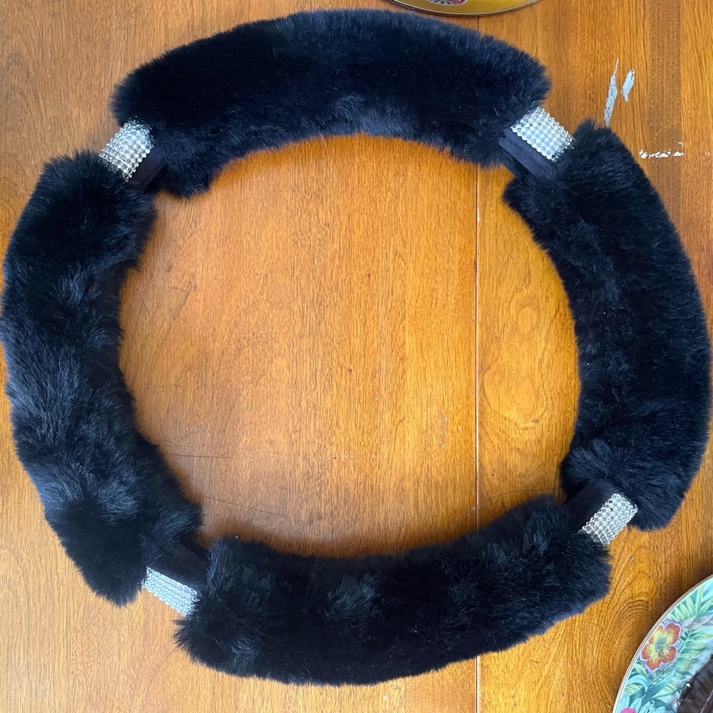 SALE! Bring on the BLING! Black faux fir and rhinestone steering wheel cover